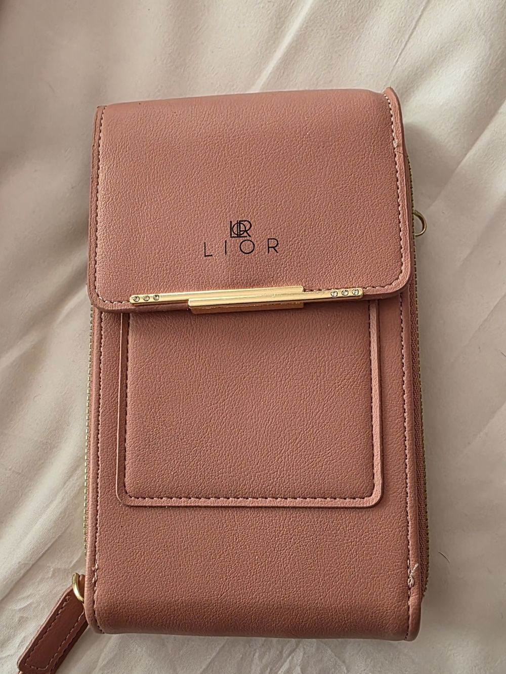 LIOR Rose Pink Crossbody Phone Bag with Gold Trim